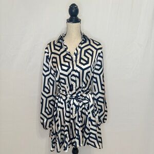 Giracoo Fashion Navy & White Geometric Print Belted Long Sleeve Dress